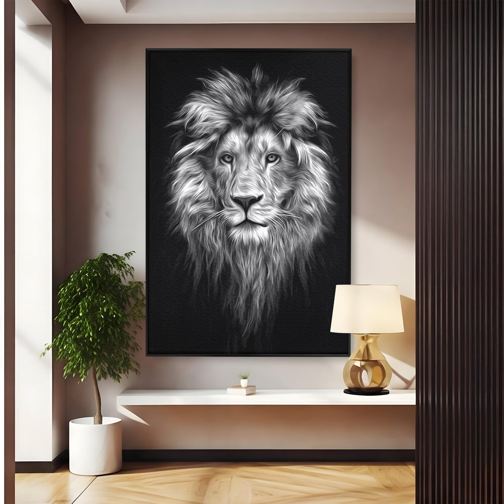 Tablou canvas cu tablou canvas cu leu alb negru, in rama de aluminiu negru